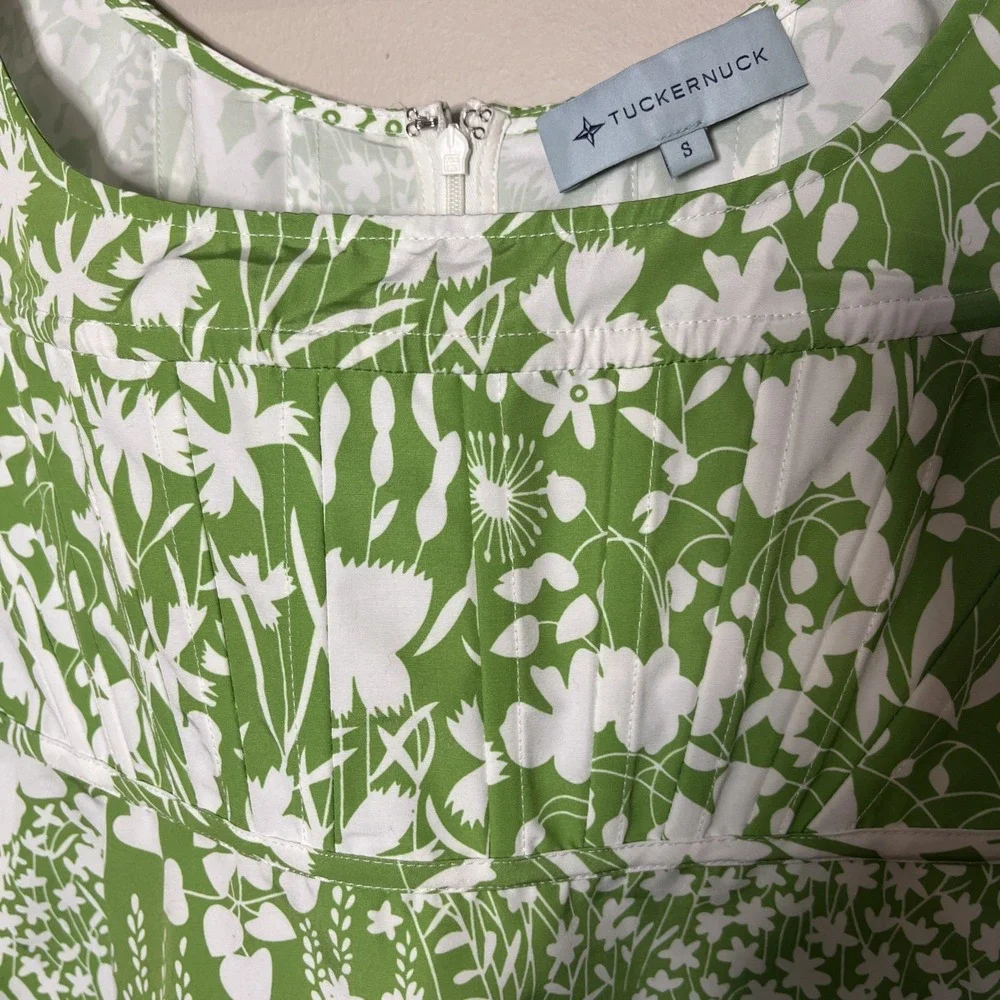 Tuckernuck Women's Nealy Corset Top Green Garden Floral Puff Sleeve Blouse Small